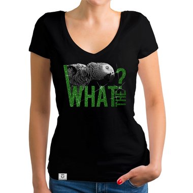 Damen T-Shirt V-Ausschnitt - What the? - Glitzer Statement T-Shirt dunkelgrau-weiss XS