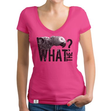 Damen T-Shirt V-Ausschnitt - What the? - Glitzer Statement T-Shirt dunkelgrau-weiss XS