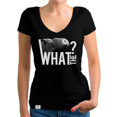 Damen T-Shirt V-Ausschnitt - What the? - Glitzer Statement T-Shirt dunkelgrau-weiss XS