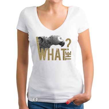 Damen T-Shirt V-Ausschnitt - What the? - Glitzer Statement T-Shirt dunkelgrau-weiss XS