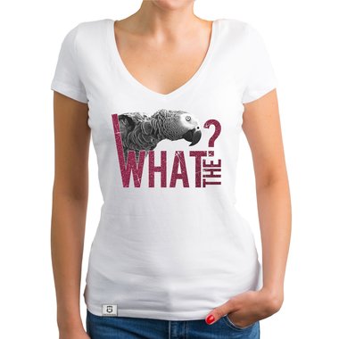 Damen T-Shirt V-Ausschnitt - What the? - Glitzer Statement T-Shirt dunkelgrau-weiss XS
