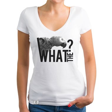 Damen T-Shirt V-Ausschnitt - What the? - Glitzer Statement T-Shirt dunkelgrau-weiss XS