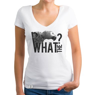 Damen T-Shirt V-Ausschnitt - What the? - Glitzer Statement T-Shirt dunkelgrau-weiss XS