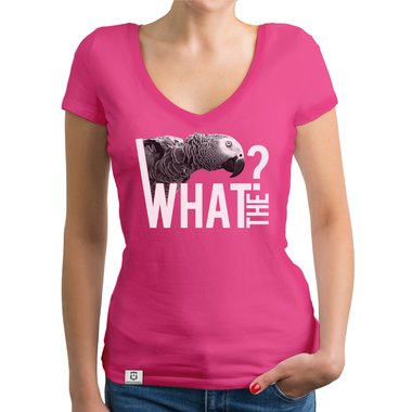 Damen T-Shirt V-Ausschnitt - What the? - Glitzer Statement T-Shirt dunkelgrau-weiss XS