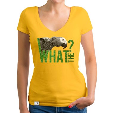 Damen T-Shirt V-Ausschnitt - What the? - Glitzer Statement T-Shirt dunkelgrau-weiss XS