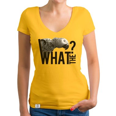 Damen T-Shirt V-Ausschnitt - What the? - Glitzer Statement T-Shirt dunkelgrau-weiss XS