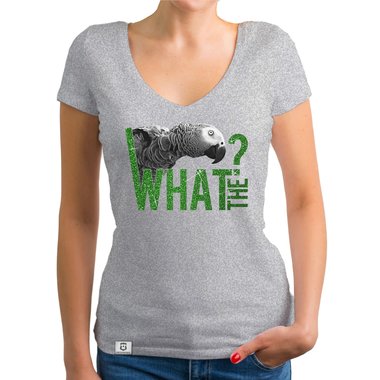Damen T-Shirt V-Ausschnitt - What the? - Glitzer Statement T-Shirt dunkelgrau-weiss XS