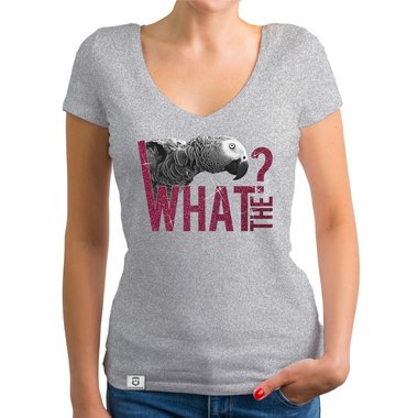 Damen T-Shirt V-Ausschnitt - What the? - Glitzer Statement T-Shirt dunkelgrau-weiss XS