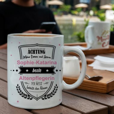 Personalisierter Kaffeebecher - Tasse - Achtung meine Damen und Herren - Wunschname & Wunschberuf
