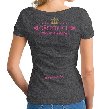 Damen B-Day T-Shirts - Personalisiert - Wunschname + Wunschzahl - Mein Geburtstags-Gstebuch dunkelgrau-fuchsia-V-Neck XS