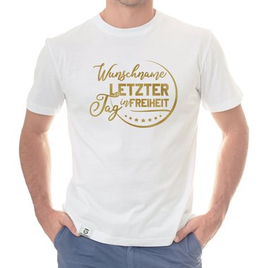 Personalisierbares Herren JGA T-Shirt - Wunschname`s letzter Tag in Freiheit - mit Partyliste
