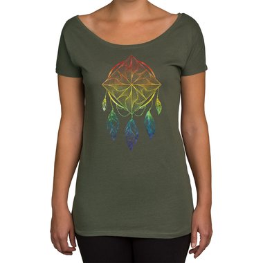 Damen T-Shirt U-Boot-Ausschnitt - Traumf�nger/Dreamcatcher - In verschiedenen Farben oliv-rainbow XL