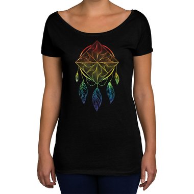 Damen T-Shirt U-Boot-Ausschnitt - Traumf�nger/Dreamcatcher - In verschiedenen Farben oliv-rainbow XL