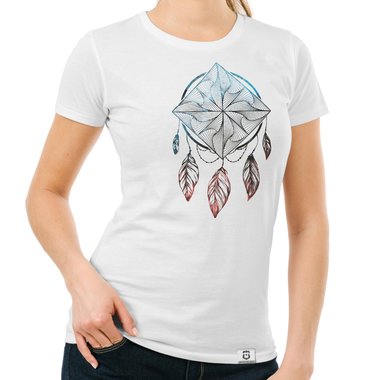 Damen T-Shirt Kollektion - Rundhals & V-Ausschnitt - Traumfnger / Dreamcatcher Design dunkelblau-gold-Rund S