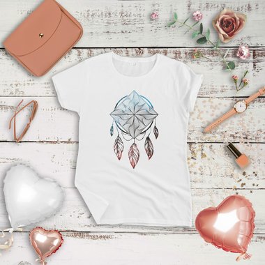 Damen T-Shirt Kollektion - Rundhals & V-Ausschnitt - Traumfnger / Dreamcatcher Design dunkelblau-gold-Rund S