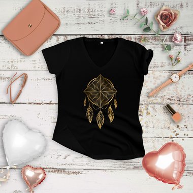 Damen T-Shirt Kollektion - Rundhals & V-Ausschnitt - Traumfnger / Dreamcatcher Design dunkelblau-gold-Rund S