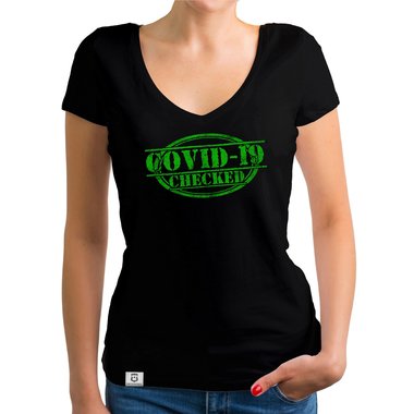 Herren und Damen Fun-Shirts - Covid-19 checked - Gegen den Virus schwarz-gr�n-Damen-Rundhals S