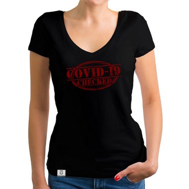 Herren und Damen Fun-Shirts - Covid-19 checked - Gegen den Virus schwarz-gr�n-Damen-Rundhals S