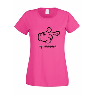 Damen T-Shirt Mickey Hand - Hes my brother fuchsia-schwarz L