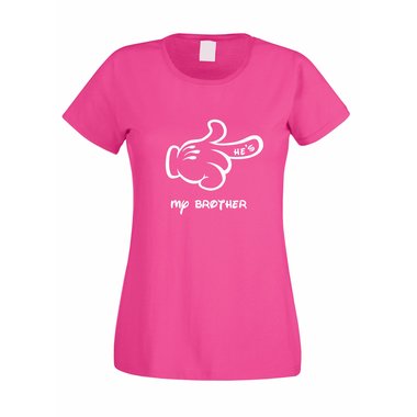 Damen T-Shirt Mickey Hand - Hes my brother fuchsia-schwarz L