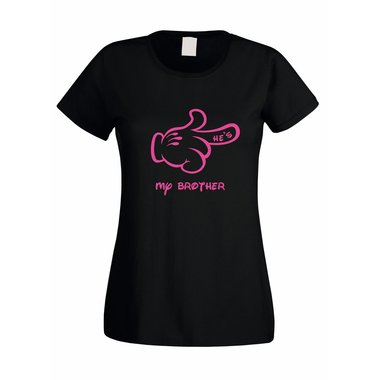 Damen T-Shirt Mickey Hand - Hes my brother fuchsia-schwarz L