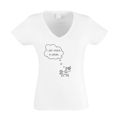 Damen V-Ausschnitt T-Shirt - Unicorn I dont believe in humans