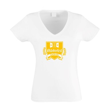 Damen V-Ausschnitt T-Shirt - Oktoberfest Saufgruppe weiss-gelb XL