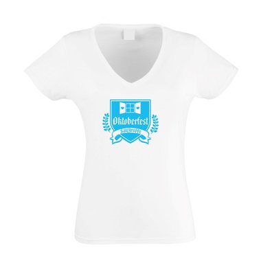 Damen V-Ausschnitt T-Shirt - Oktoberfest Saufgruppe weiss-gelb XL