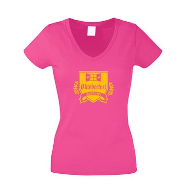 Damen V-Ausschnitt T-Shirt - Oktoberfest Saufgruppe weiss-gelb XL