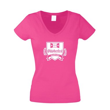 Damen V-Ausschnitt T-Shirt - Oktoberfest Saufgruppe weiss-gelb XL