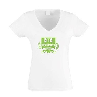 Damen V-Ausschnitt T-Shirt - Oktoberfest Saufgruppe weiss-gelb XL