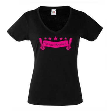 JGA T Shirts - Damen T-Shirt V-Ausschnitt Team Braut Junggesellenabschied fuchsia-weiss L