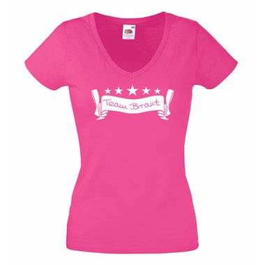 JGA T Shirts - Damen T-Shirt V-Ausschnitt Team Braut Junggesellenabschied fuchsia-weiss L