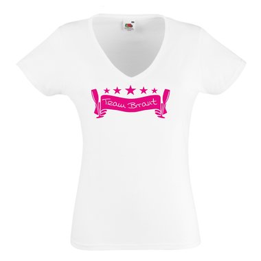 JGA T Shirts - Damen T-Shirt V-Ausschnitt Team Braut Junggesellenabschied fuchsia-weiss L