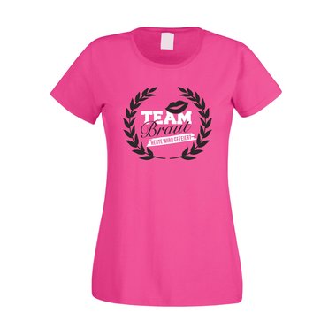 Team Braut Spruch T-Shirt Damen - TEAM BRAUT - heute wird gefeiert - mit Kranz