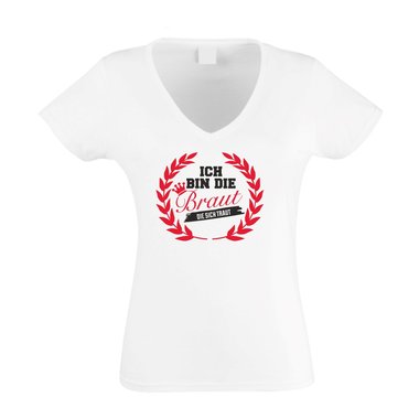 Damen T-Shirt V-Ausschnitt - Ich bin die Braut die sich traut mit Kranz