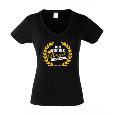 Damen T-Shirt V-Ausschnitt - Ich bin die Braut die sich traut mit Kranz