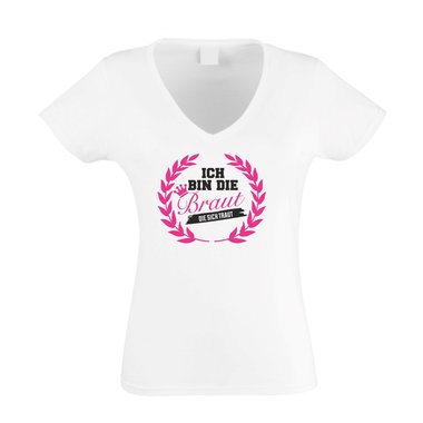 Damen T-Shirt V-Ausschnitt - Ich bin die Braut die sich traut mit Kranz