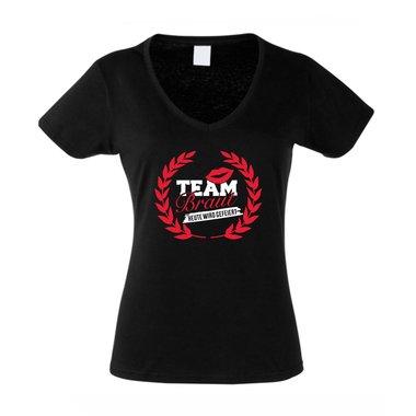 T-Shirt Damen V-Ausschnitt - TEAM BRAUT - heute wird gefeiert - mit Kranz