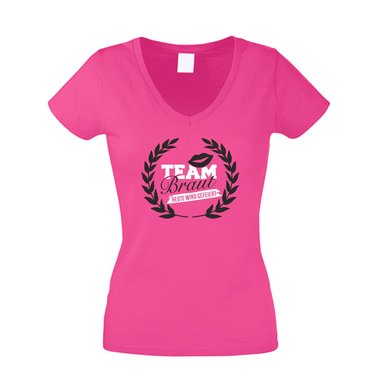 T-Shirt Damen V-Ausschnitt - TEAM BRAUT - heute wird gefeiert - mit Kranz