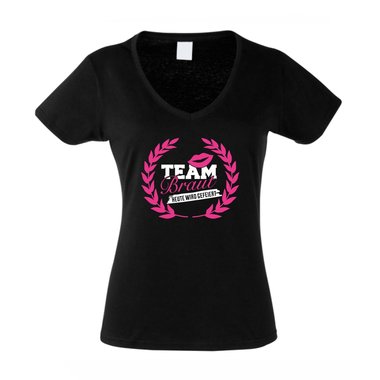 T-Shirt Damen V-Ausschnitt - TEAM BRAUT - heute wird gefeiert - mit Kranz