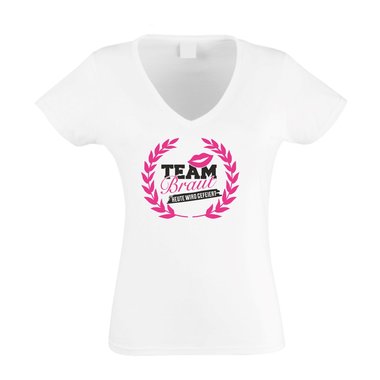 T-Shirt Damen V-Ausschnitt - TEAM BRAUT - heute wird gefeiert - mit Kranz