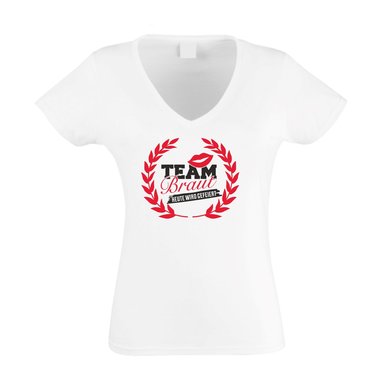 T-Shirt Damen V-Ausschnitt - TEAM BRAUT - heute wird gefeiert - mit Kranz
