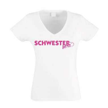 Damen V-Ausschnitt T-Shirt - Schwesterherz weiss-fuchsia L