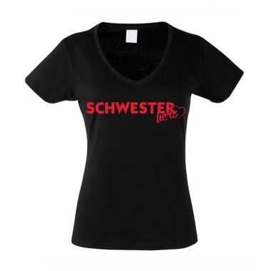 Damen V-Ausschnitt T-Shirt - Schwesterherz weiss-fuchsia L