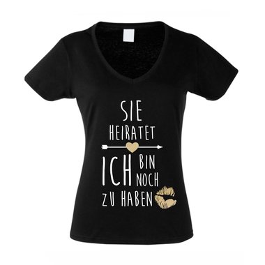 JGA Damen T-Shirt V-Ausschnitt - Sie heiratet, ich bin noch zu haben