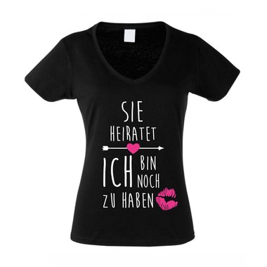 JGA Damen T-Shirt V-Ausschnitt - Sie heiratet, ich bin noch zu haben