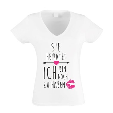 JGA Damen T-Shirt V-Ausschnitt - Sie heiratet, ich bin noch zu haben