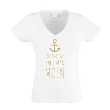 Damen T-Shirt V-Ausschnitt - In Hamburch sagt man Moin