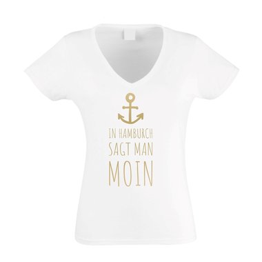 Damen T-Shirt V-Ausschnitt - In Hamburch sagt man Moin